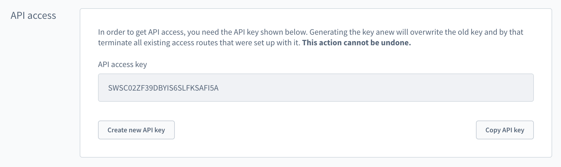 API Access section in the Admin sales channel configuration